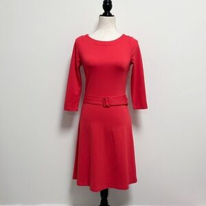 Ann Taylor Factory Red 3/4 Sleeve Belt Fit Flare Knee Length Dress XXSP Petite